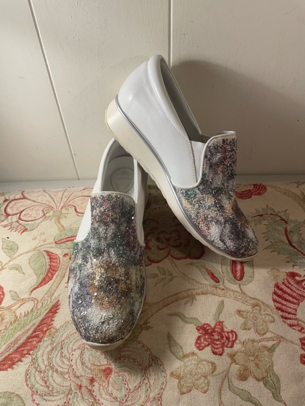 Alla Pugachova White Slip-On Sneakers Multicolor Glitter Panel Overlay Sneakers